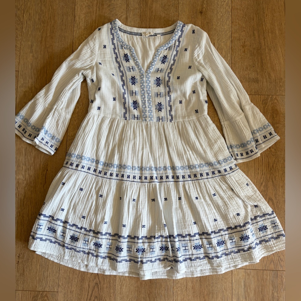 Fat Face Embroidered Boho Tunic Dress Cream Blue Cotton Tiered Mini Size 6 - Picture 7 of 9